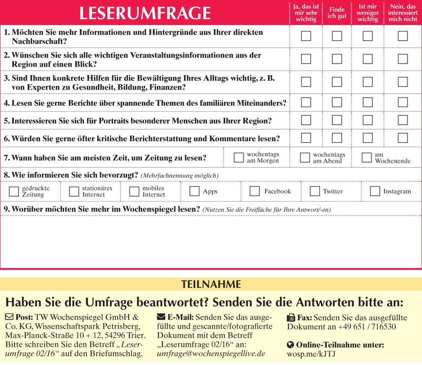 Beteiligen Sie sich an unserer Umfrage! Dieses Formular finden sie in unseren aktuellen Ausgabe. Sie können aber auch direkt online oder via E-Mail an unserer Leserbefragung teilnehmen!