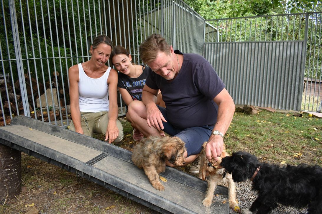 Bettina Anedda (l.) und ihre Tochter Finja haben die kleine Christa (1. v. l.) in ihre Herzen geschlossen. Bis sie in ihr neues Zuhause kommt, kümmert sich Claus-Peter Krah um den Welpen. Fotos: Wicher