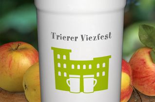 So sieht die Künstlerporz für das Viezfest 2026 aus, gestaltet vom Trierer Grafiker Roland Dahm. Die Porta Nigra stellt den Bezug zu 40 Jahre UNESCO Weltkulturerbe im Jahr 2026 dar. Titel des Motivs ist „Por(z)ta Nigra.