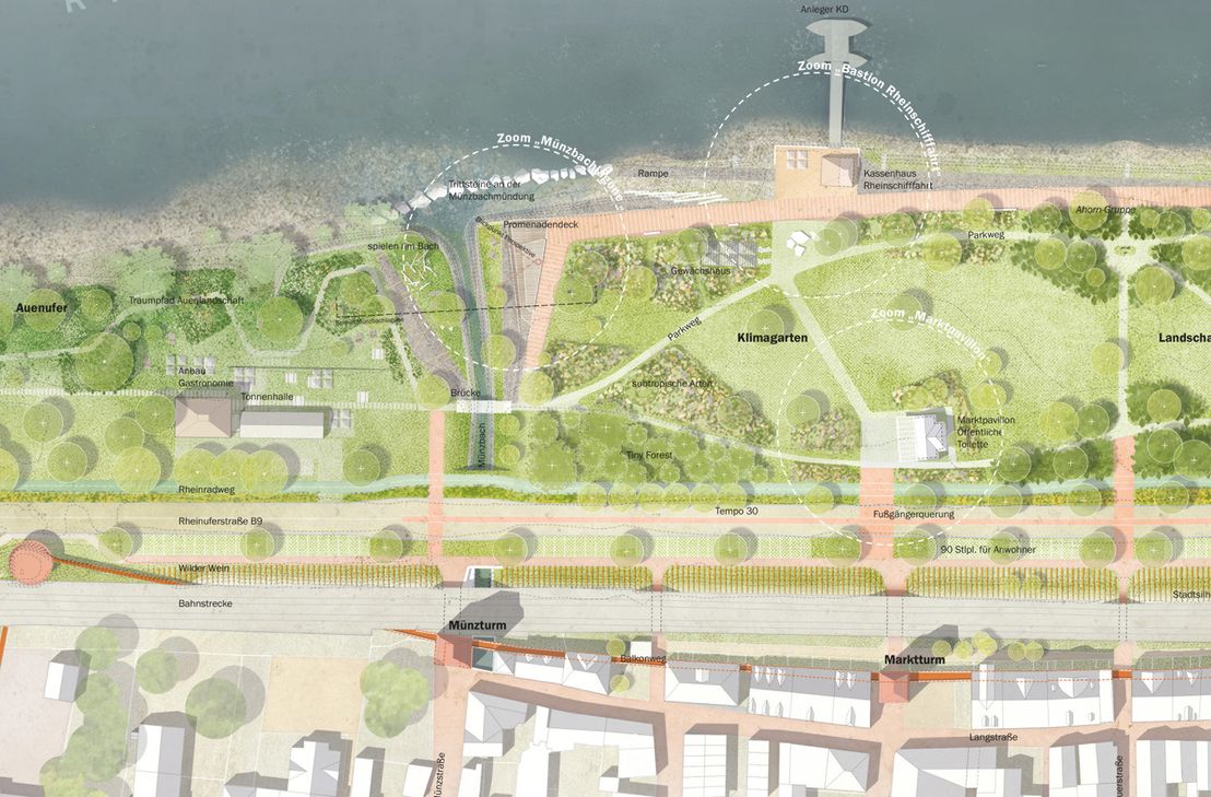 Ausschnitt aus dem nördlichen Teil der Rheinanlagen mit Münzbach und KD-Anleger.