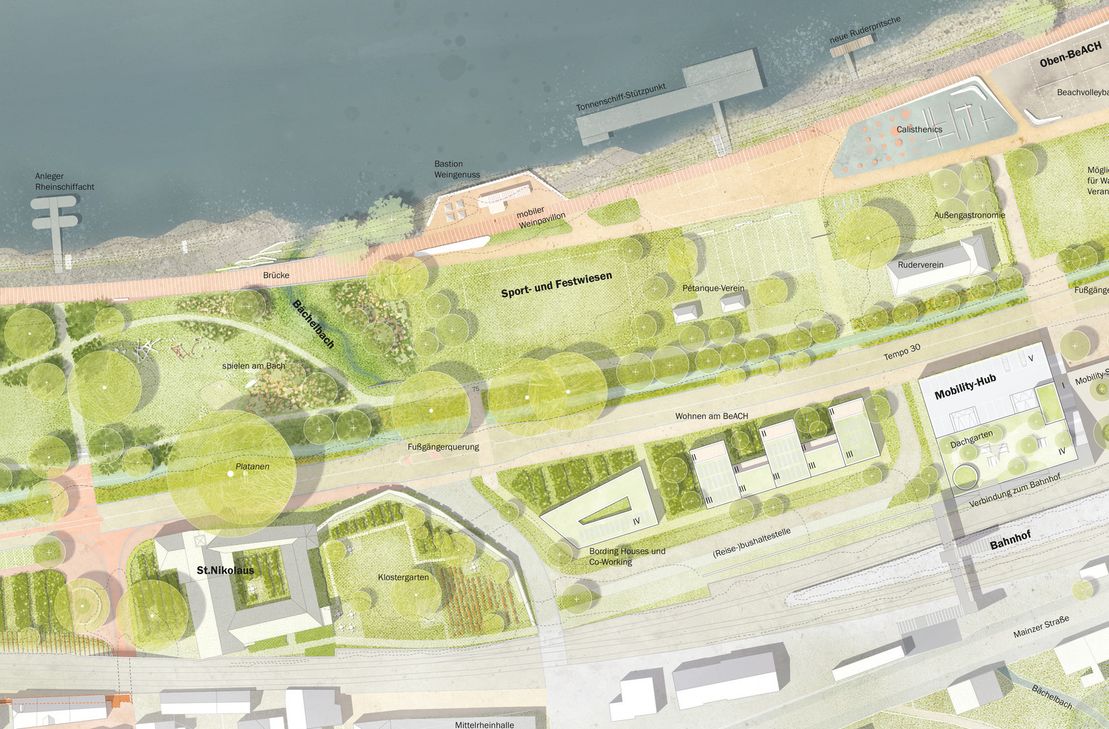 Ausschnitt aus dem mittleren Teil der Rheinanlagen mit Weinpavillon, Sport- und Festwiese sowie Spielgelände.