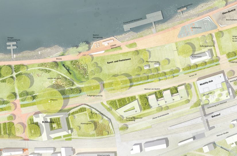 Ausschnitt aus dem mittleren Teil der Rheinanlagen mit Weinpavillon, Sport- und Festwiese sowie Spielgelände.