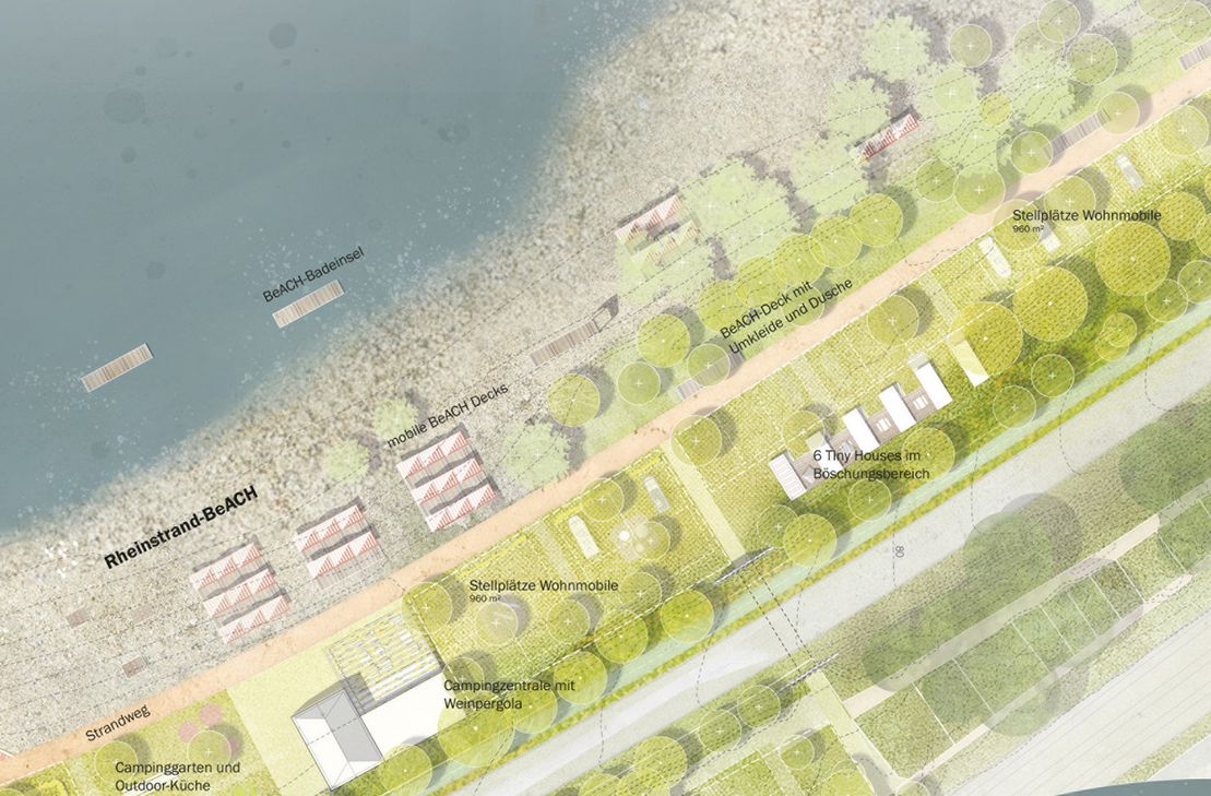 Ausschnitt aus dem südlichen Teil der Rheinanlagen mit Strandbad und Campingplatz.
