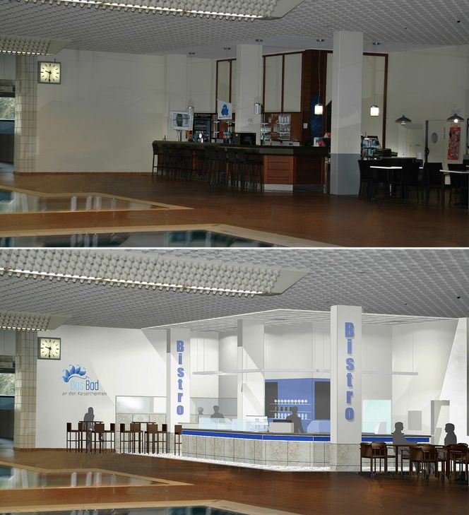 Aus alt (oben) mach neu (unten): Die Cafeteria wird komplett abgerissen und dann neu aufgebaut - von der Bodenabdichtung bis hin zu neuen Thekenelementen aus feuchtigkeitsresistentem Material. Foto: SWT