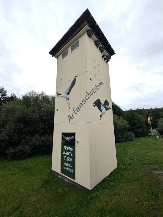 Stefan Krauß mit Bürgermeister Bernd Jaekel und engagierten Helfern vor dem neuen Artenschutzturm in Burbach.