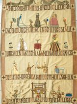 Der Wandteppich zeigt symbolhaft die Entstehung eines Gewandes.