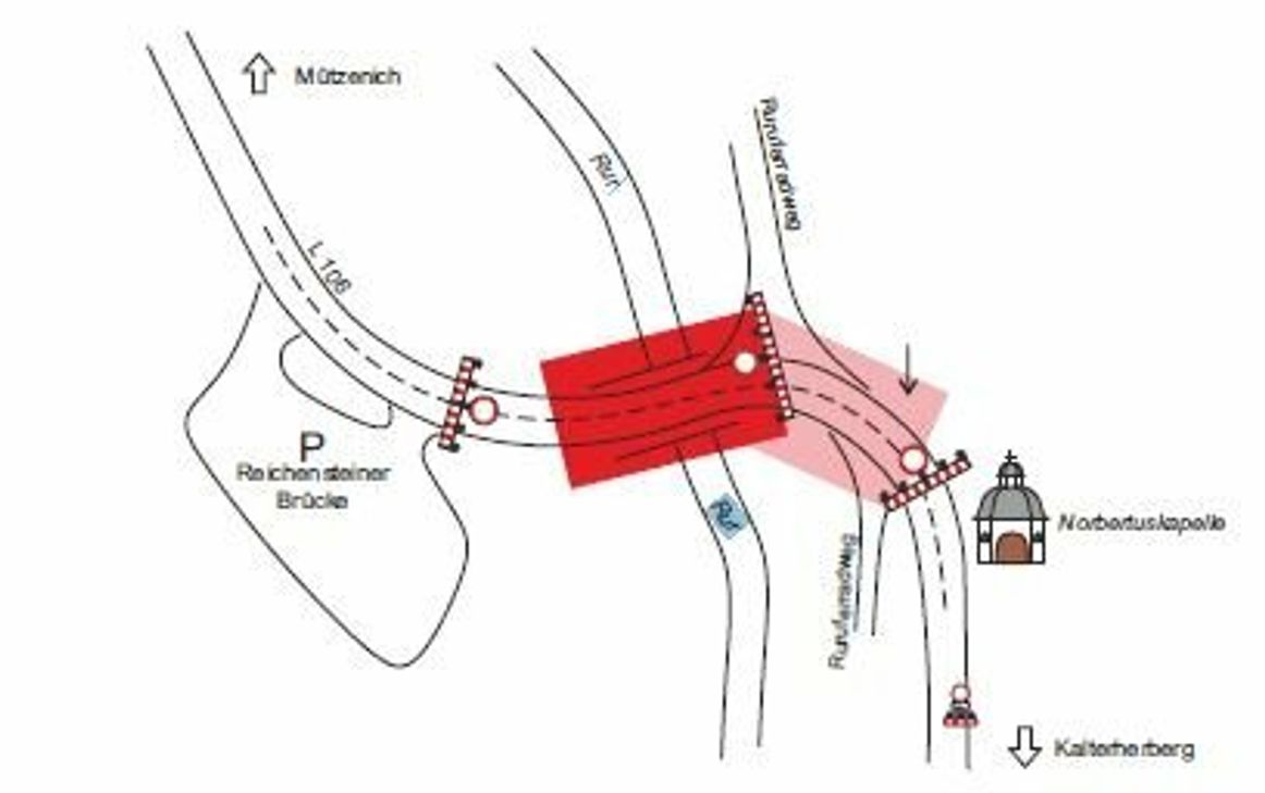 Die Rurbrücke nahe der Norbertuskapelle wurde beim Hochwasser beschädigt und muss erneuert werden. Eine Vollsperrung der Reichensteiner Straße bis November hat das zur Folge.