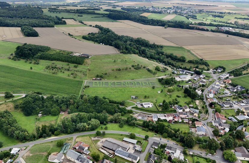 Der Sonnenblumen-Schriftzug in Bickendorf aus der Luft.