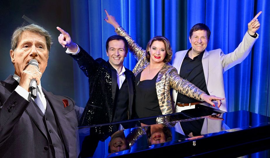 Von links: Udo Jürgens, Alex Parker (Sänger u. Pianist), Gabriela Benesch (Schauspielerin) und Erich Furrer (Regisseur)