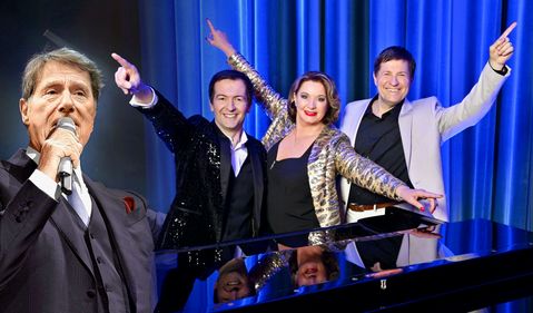 Von links: Udo Jürgens, Alex Parker (Sänger u. Pianist), Gabriela Benesch (Schauspielerin) und Erich Furrer (Regisseur)