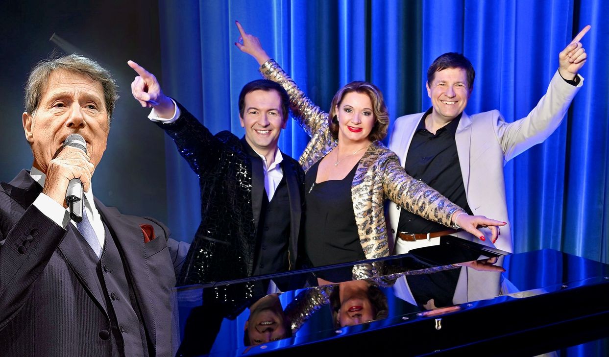 Von links: Udo Jürgens, Alex Parker (Sänger u. Pianist), Gabriela Benesch (Schauspielerin) und Erich Furrer (Regisseur)