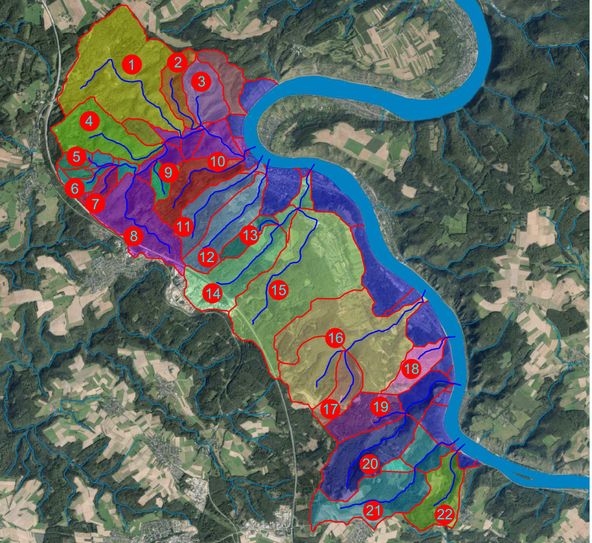 Überblick der Gewässer in Boppard: Steinigbachtal (1), Schlaninger Bach (2), Reidelswäldchesgraben (3), Thomastalbach (4), Teufelsbach (5), Hainbuchendellenbach (6), Schuertelsbach (7), Mühltalbach (8), Mistlochsgraben (9), Kalmuttalbach (10), Burdenbach (11), Fraubach (12), Josephinentalbach (13), Bruder-Michels-Bach (14), Mittelbach, in Teilen Buchenauer Bach (15), Salziger Bach (16), Nächstentalbach (17), Ziehbach (18, nicht im Untersuchungsgebiet), Ebersbach (19, nicht im Untersuchungsgebiet), Weilerbach (20, nicht im Untersuchungsgebiet), Patelsbach (21), Tempusbach (22).