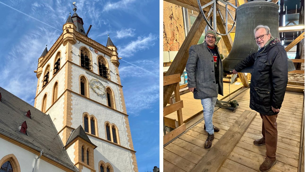 Roland Grundheber lässt sich bei einem Termin vor Ort mit Bernhard Kaster für ein von ihm zu schaffendes künstlerisches Jubiläumsmotiv der "Lumpenglocke" inspirieren.