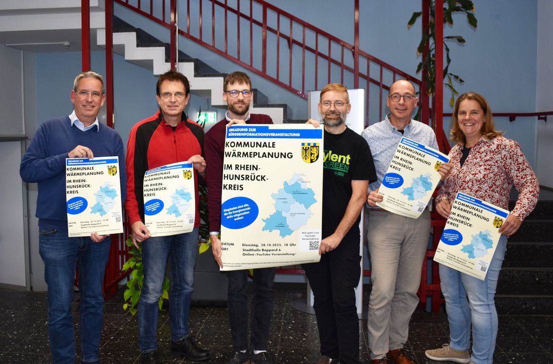 Von links: Frank-Michael Uhle, Thilo Kirstfeld, Dominik Nachtheim, Robert Schumann, Ralf Steffens und Dr. Martina Daub laden zur Infoabend zur Kommunalen Wärmeplanung ein.