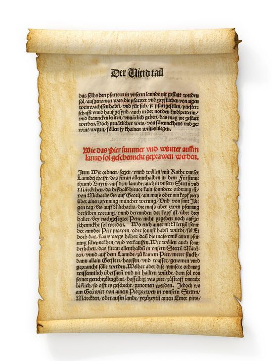 Historische Zeilen: Auszug aus dem 1516 vom bayerischen Herzog Wilhelm IV. erlassenen Reinheitsgebot: Ganz besonders wollen wir, daß forthin allenthalben in unseren Städten, Märkten und auf dem Lande zu keinem Bier mehr Stücke als allein Gersten, Hopfen und Wasser verwendet und gebraucht werden sollen. Anm. d. Red: Von der gärenden Wirkung der Hefe wusste man damals noch nichts. Foto: DBB/Fotolia