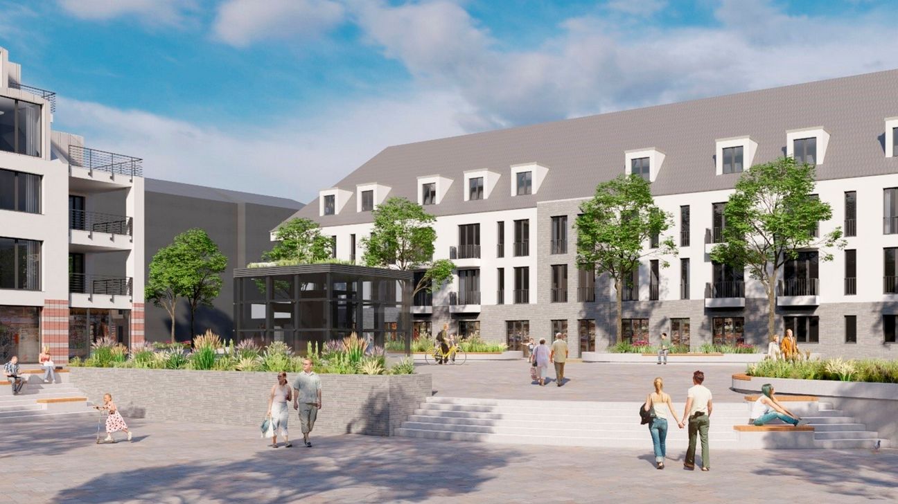 Visualisierung einer möglichen Umgestaltung des Marktplatzes mit dem Ziel einer Erhöhung der Aufenthaltsqualität. Quelle: Planungsgruppe MWM