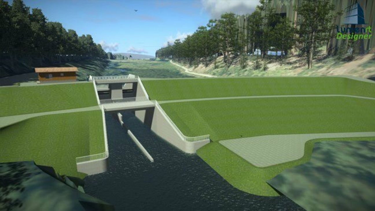 Simulation des Absperrbauwerks des Hochwasserrückhaltebeckens Mulartshütte.