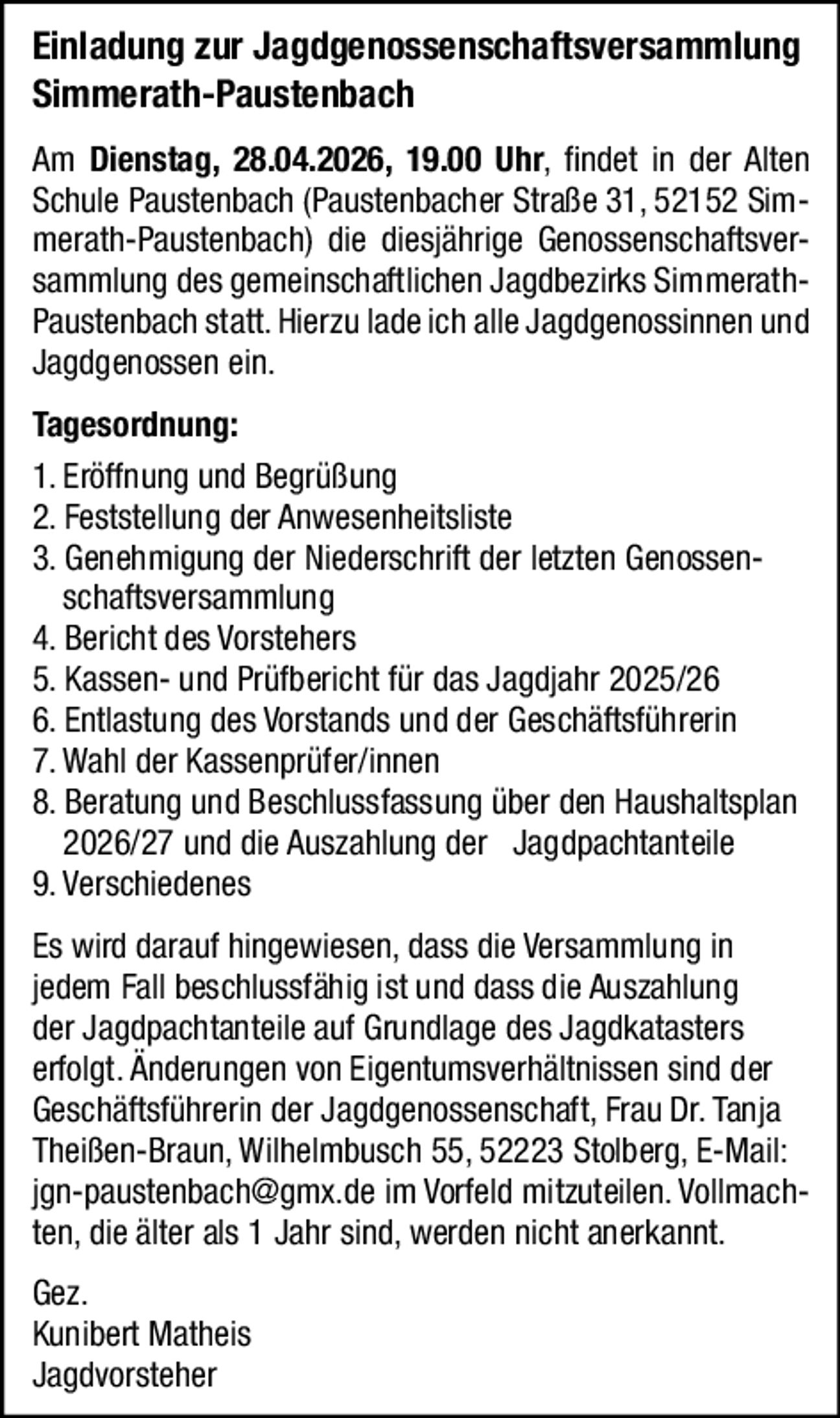 Einladung Genossenschaftsversammlung