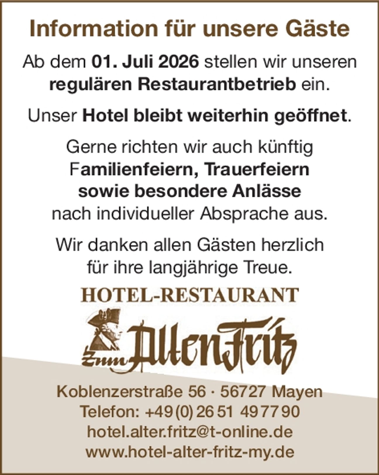 Information für unsere Gäste...