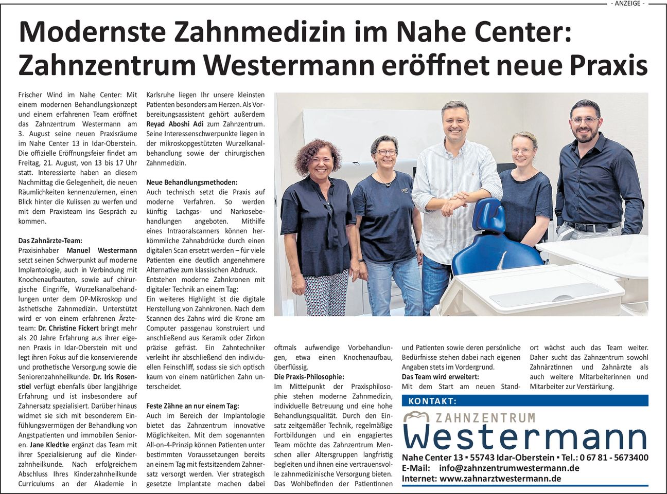 Neueröffnung Zahnarztpraxis 3. August 