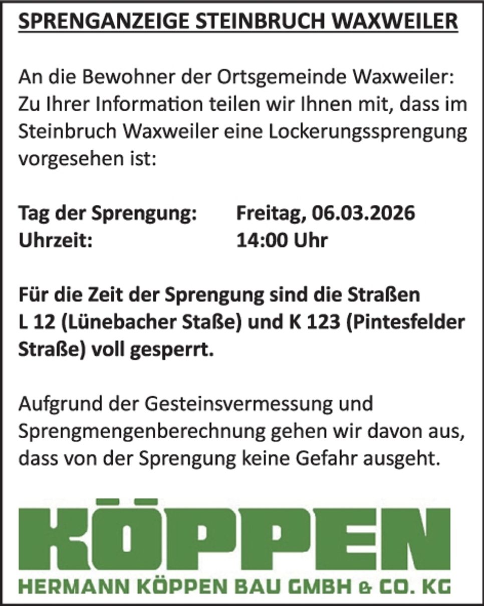 Sprenganzeige Steinbruch Waxweiler