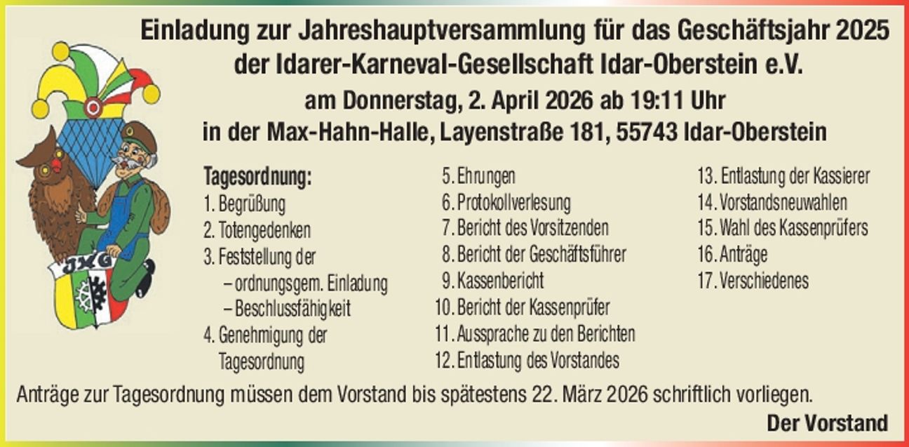 Einladung zur Jahreshauptversammlung