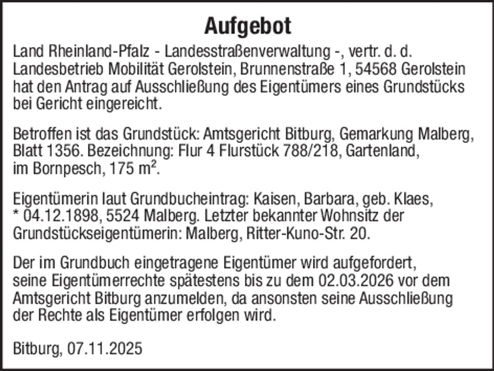 Aktenzeichen 5 II 6/25 Aufgebot