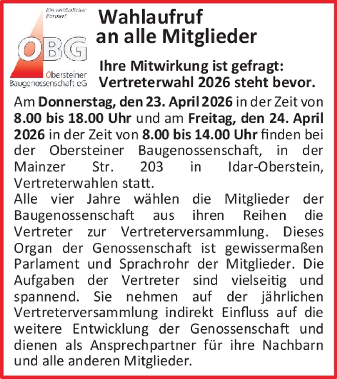 Wahlaufruf an alle Mitglieder