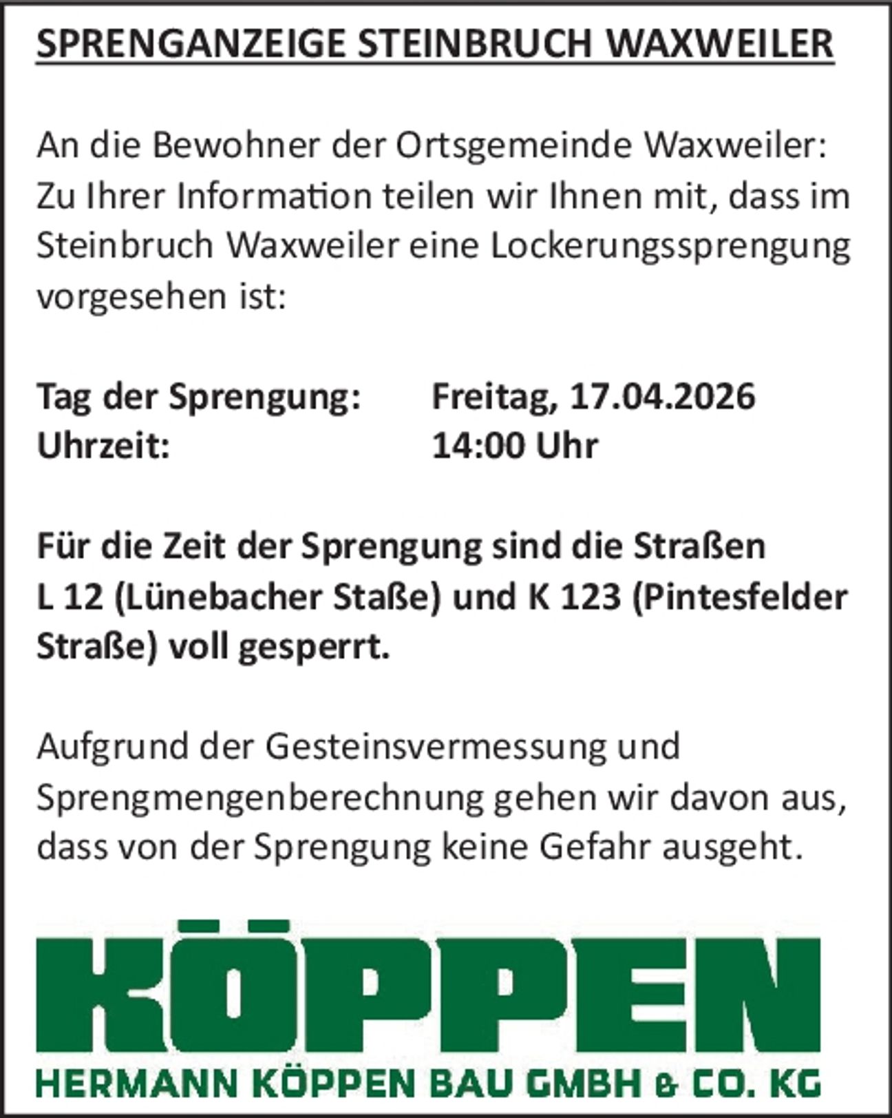 Sprenganzeige Steinbruch Waxweiler