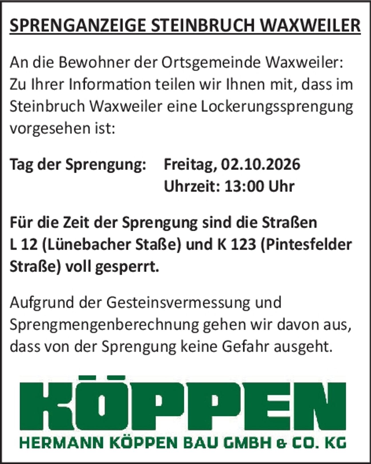 Sprenganzeige Steinbruch Waxweiler