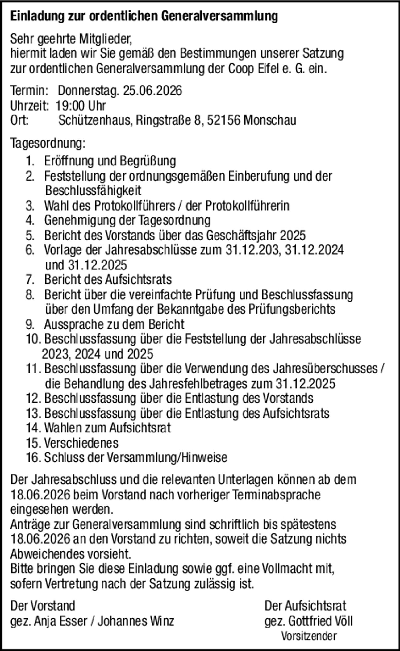 Einladung Generalversammlung