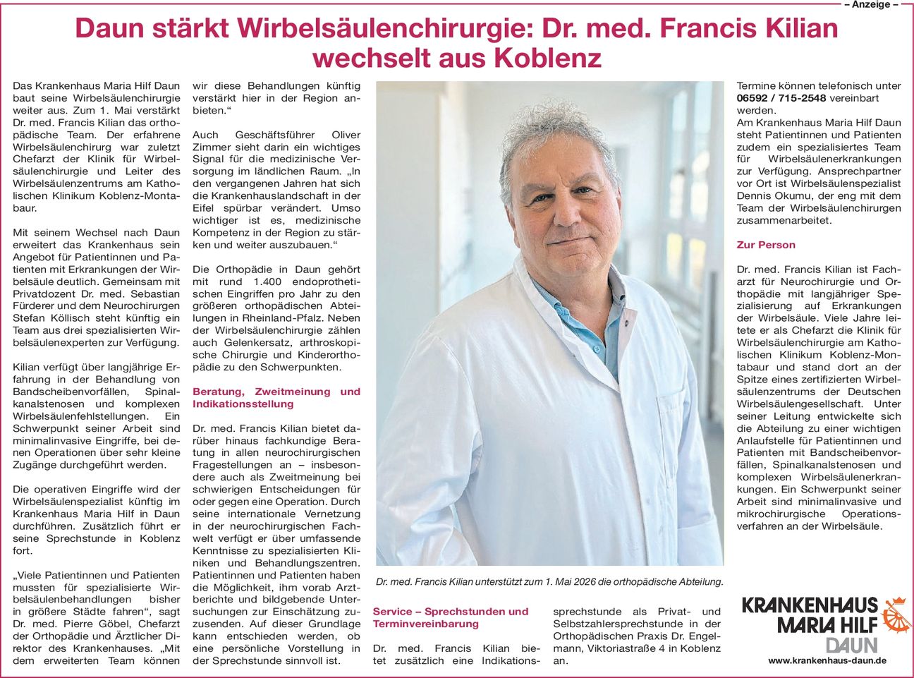 PR-Anzeige Wirbelsäulenchirurgie