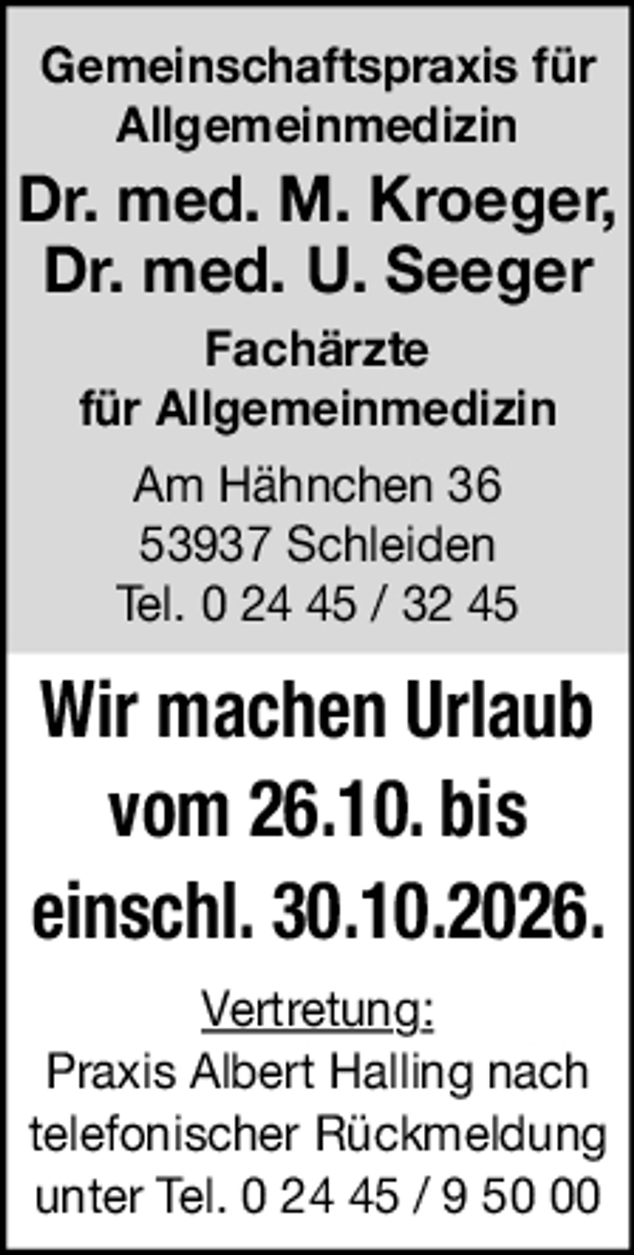 Wegen Urlaub