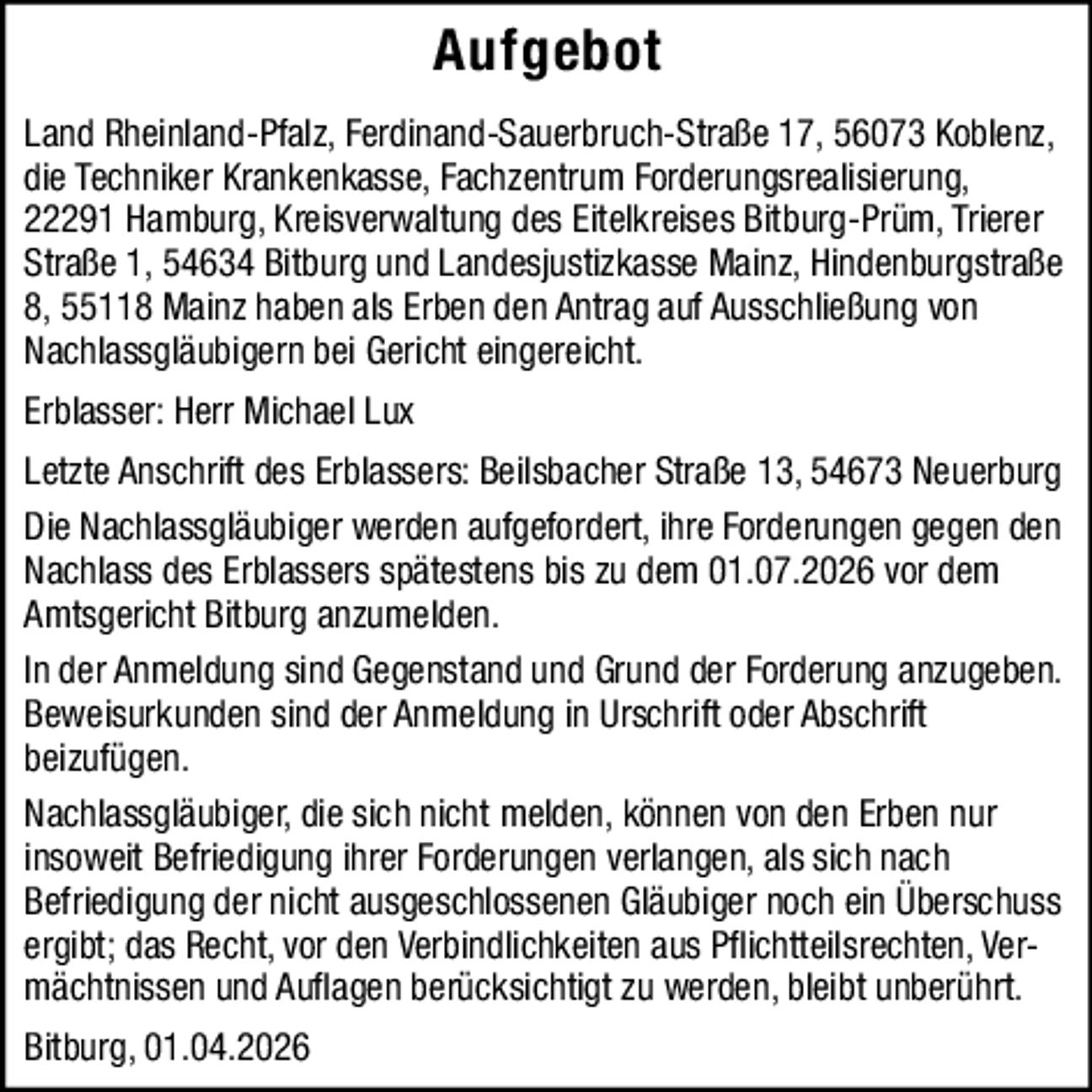 Aktenzeichen 5 II 5/26 Aufgebot 