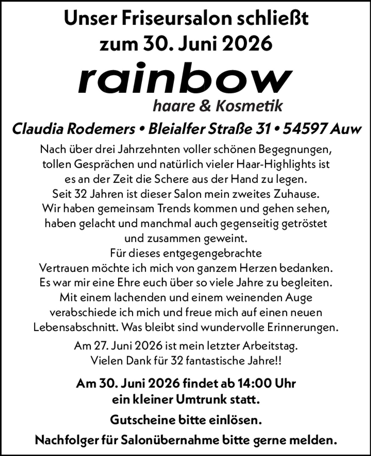 Unser Friseursalon schließt zum 30.6. 
