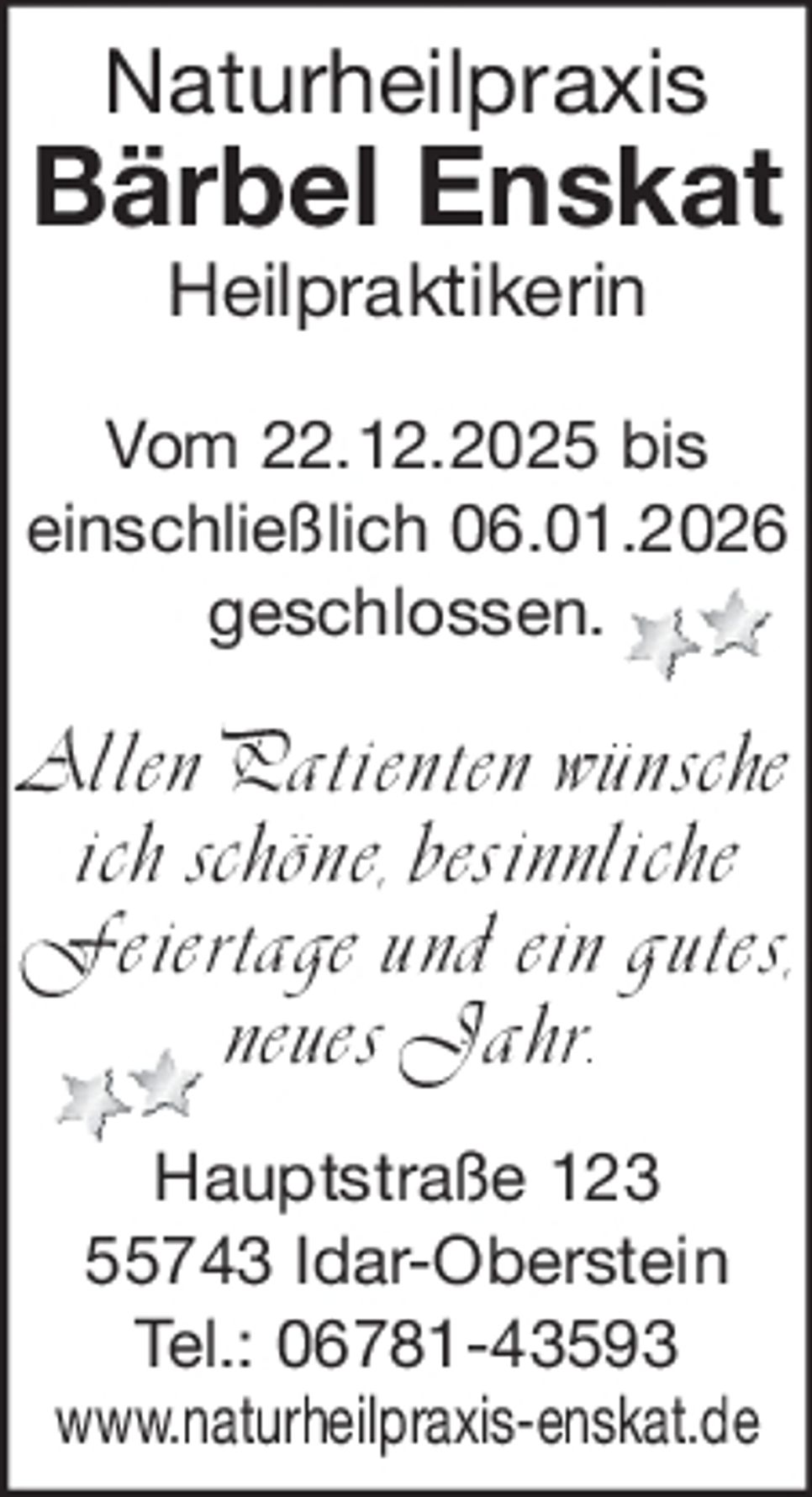 Weihnachtsgrußanzeige/Urlaub