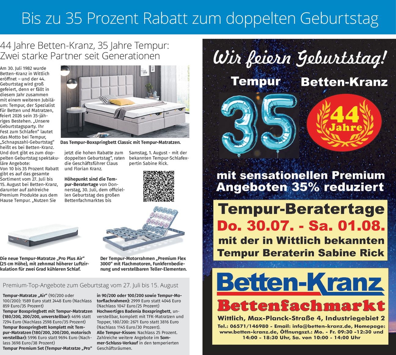 Geburtstag 35 J Tempur /44 JBetten Kranz
