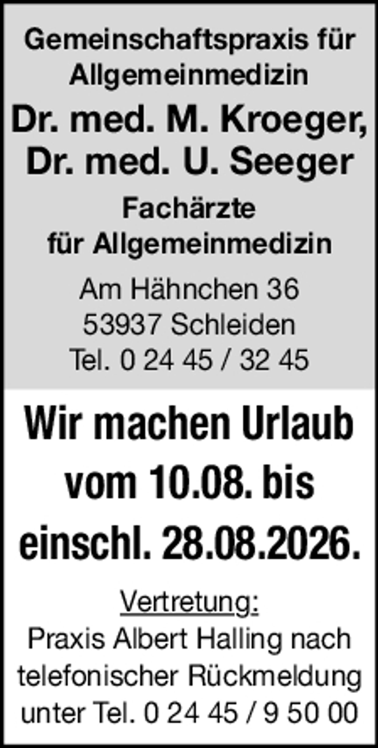 Wegen Urlaub