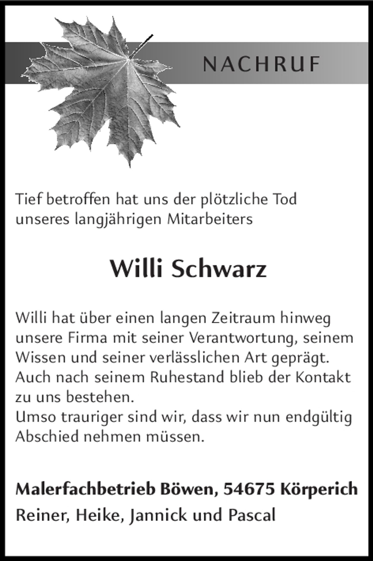 Nachruf Willi Schwarz