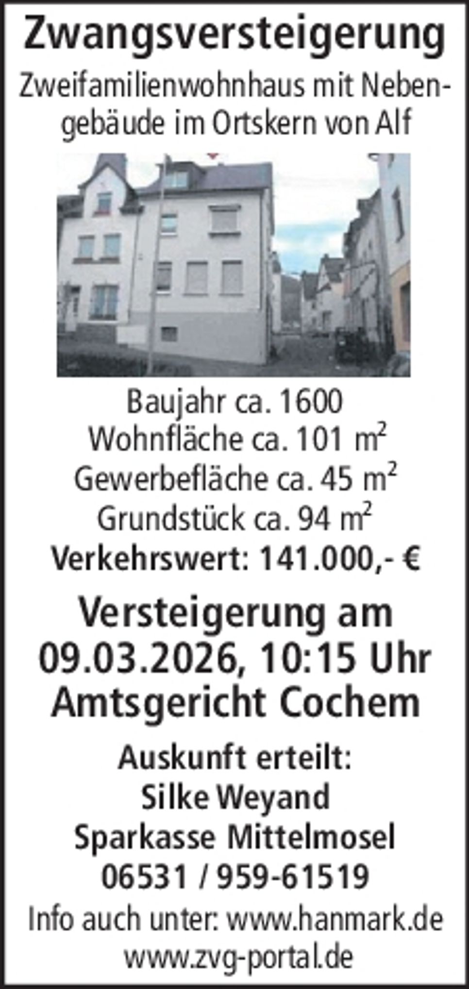 Zwangsversteigerung Pluta Alf