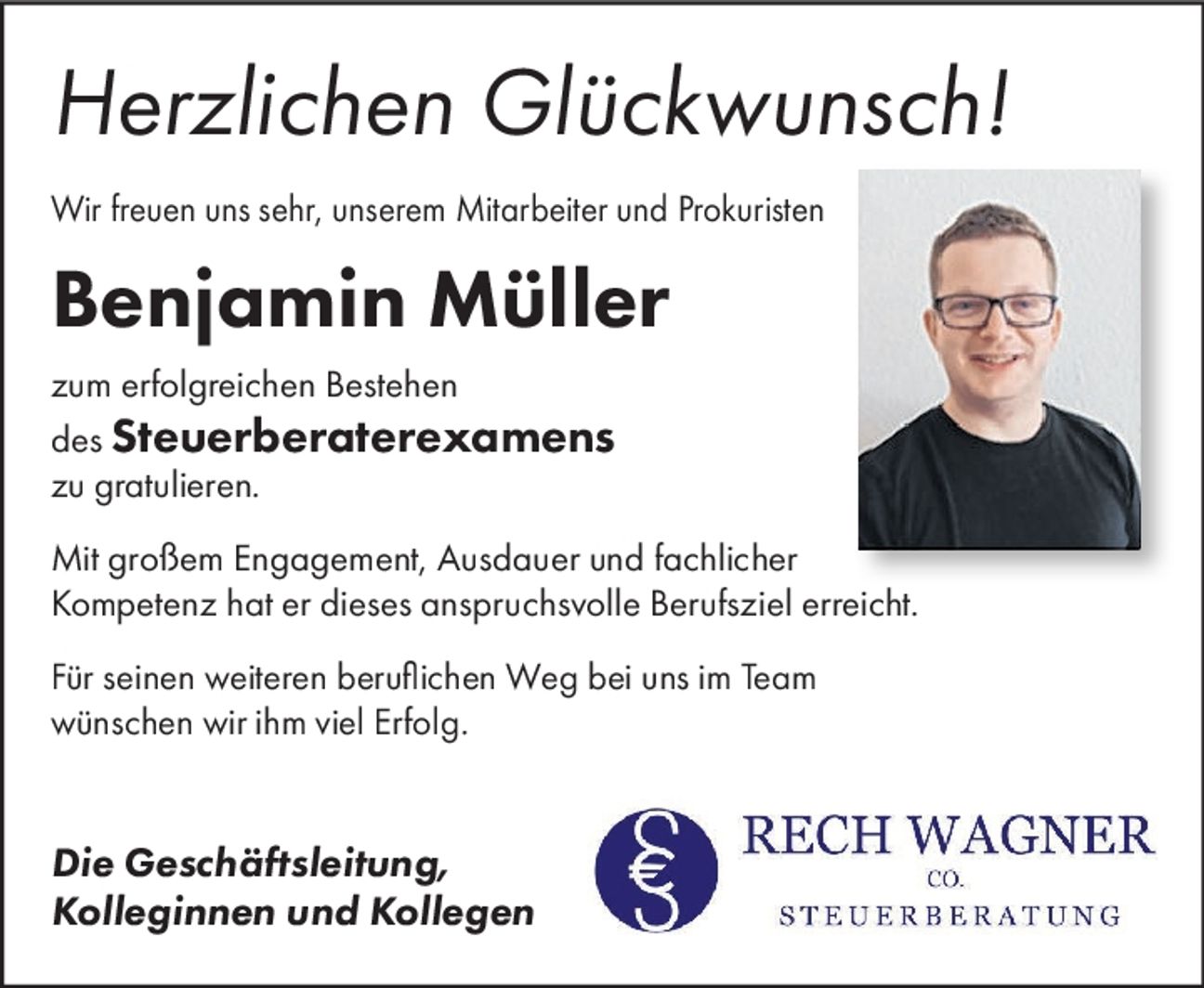Gratulationsanzeige Benjamin Müller
